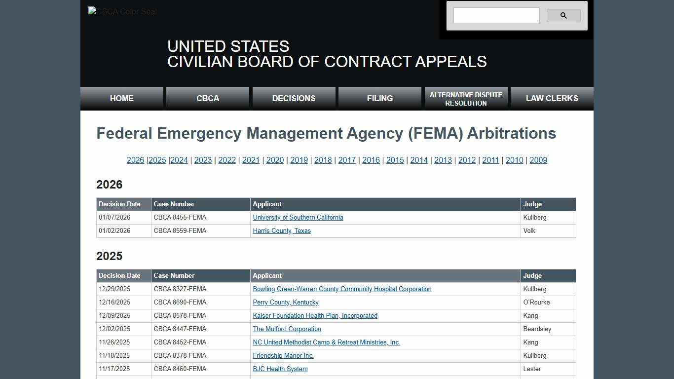 Civilian Board of Contract Appeals Federal Emergency Management Agency Cases (FEMA)